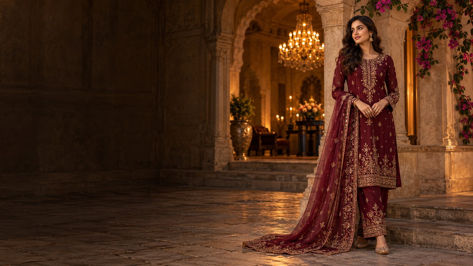Burgundy and gold Pakistani embroidered suit in a warmly lit sandstone courtyard
