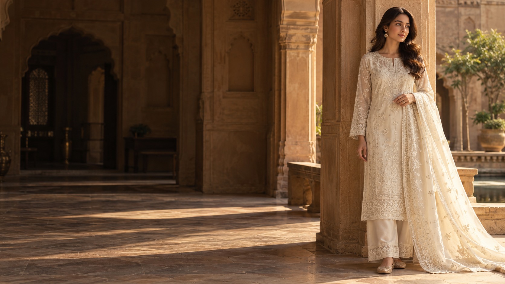 Ivory Pakistani embroidered suit and dupatta in a sunlit sandstone courtyard